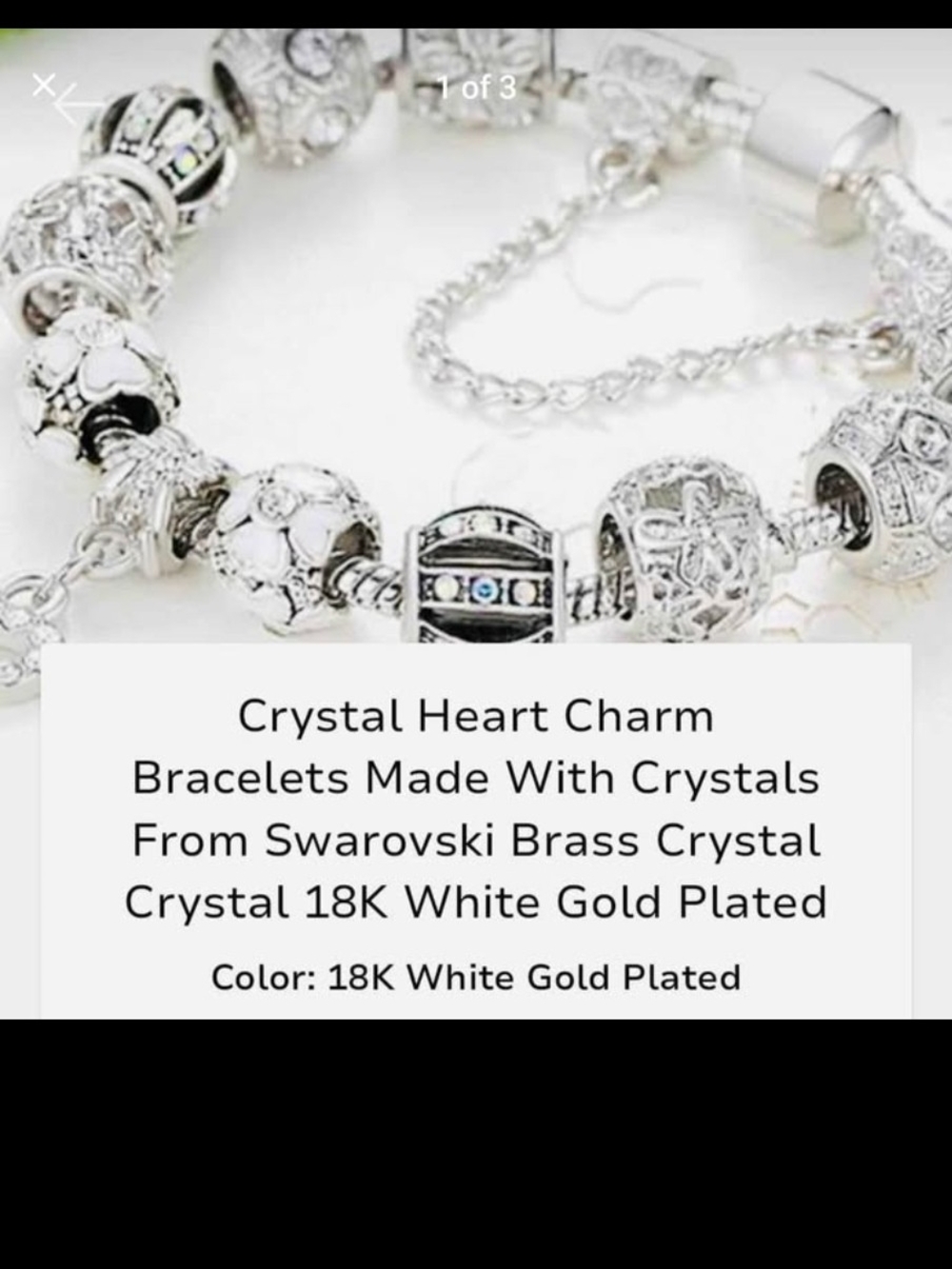 Crystal Heart Charm Bracelet - 18K White Gold Plated